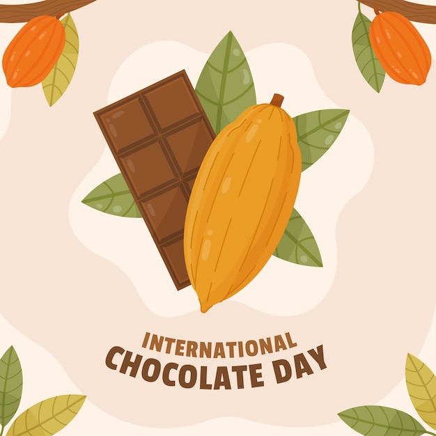 Vettore illustrazione della giornata mondiale del cioccolato piatto con fava di cacao