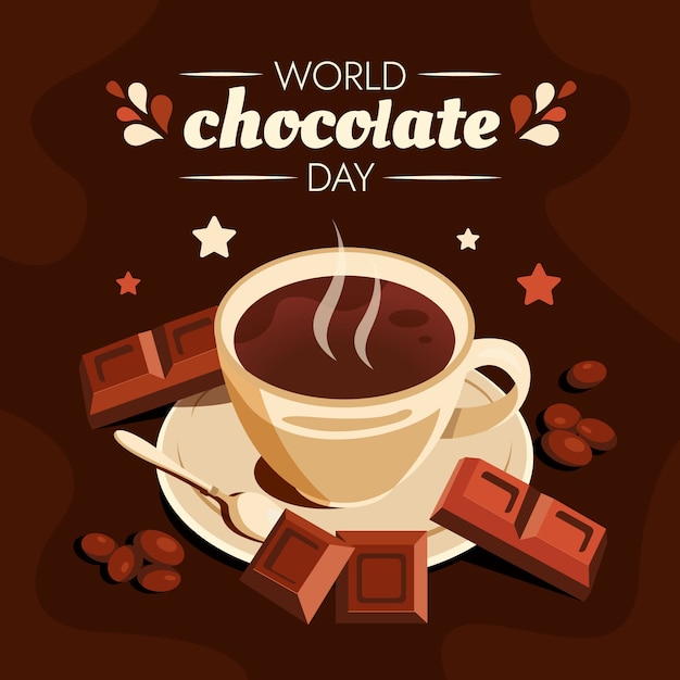 Vettore illustrazione della giornata mondiale del cioccolato piatto con cioccolata calda