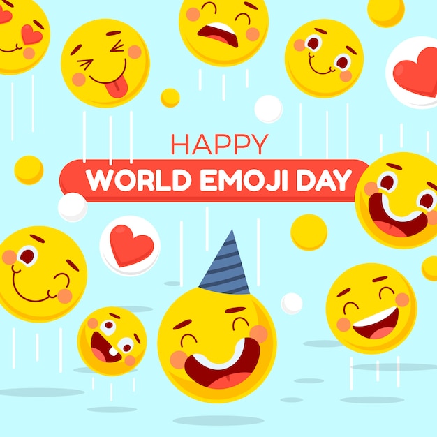 Vettore illustrazione della giornata mondiale delle emoji piatta con emoticon