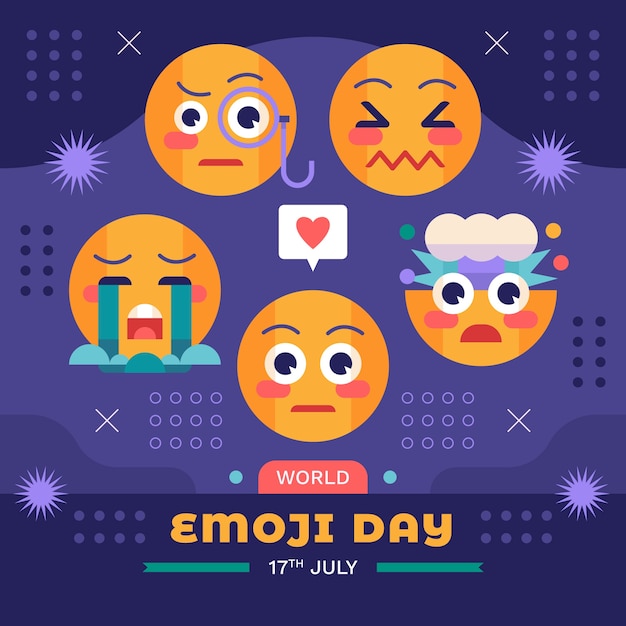 Vettore illustrazione della giornata mondiale degli emoji piatto con emoticon