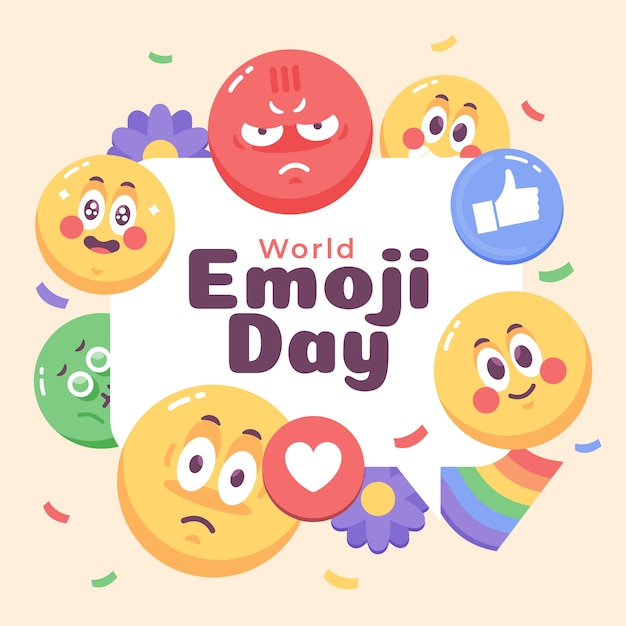 Vettore illustrazione della giornata mondiale degli emoji piatto con emoticon