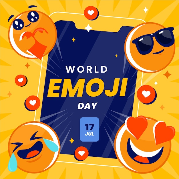 Vettore illustrazione della giornata mondiale degli emoji piatto con emoticon