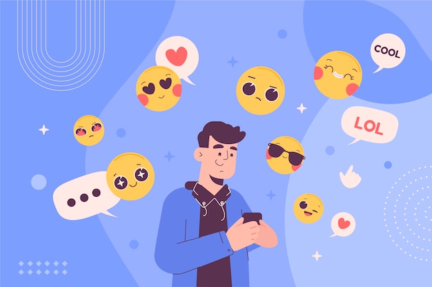 Flat world emoji day illustration with person texting