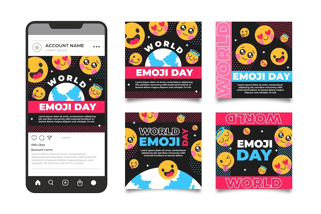 Vettore raccolta di post instagram piatto mondo emoji giorno