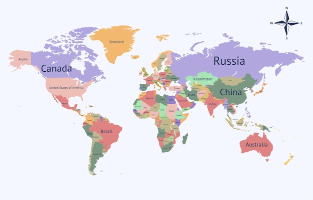 Vector flat world map with border line