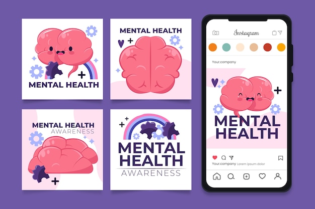 Vector flat world mental health day instagram posts collection