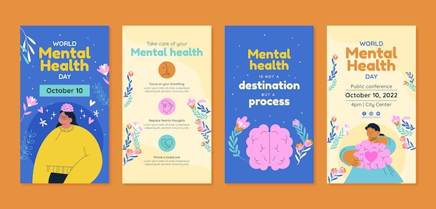 Flat  world mental health day instagram stories collection