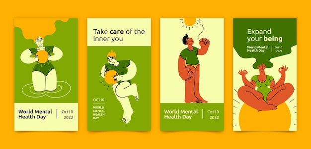 Flat world mental health day instagram stories collection