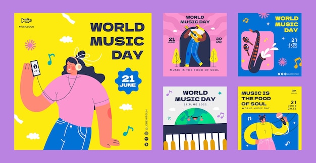 Vettore collezione di post instagram per la giornata mondiale della musica piatta