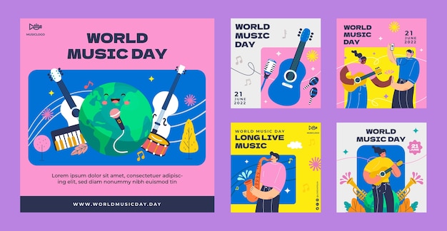 Vettore collezione di post instagram per la giornata mondiale della musica piatta