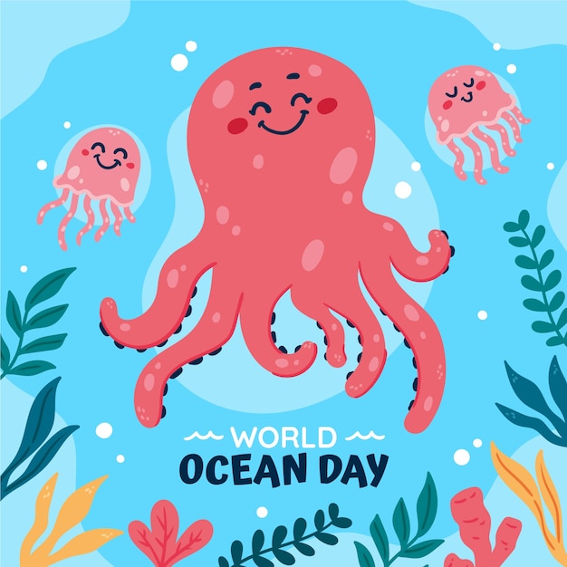 Flat world oceans day illustration