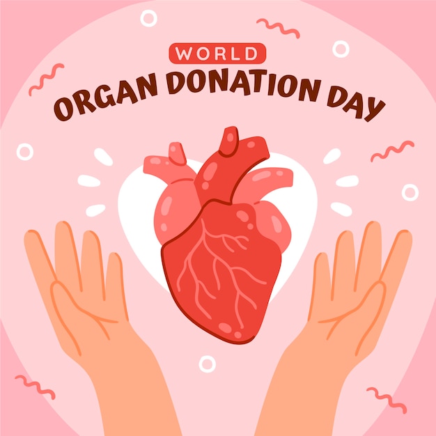 Flat world organ donation day illustration with hands and heart