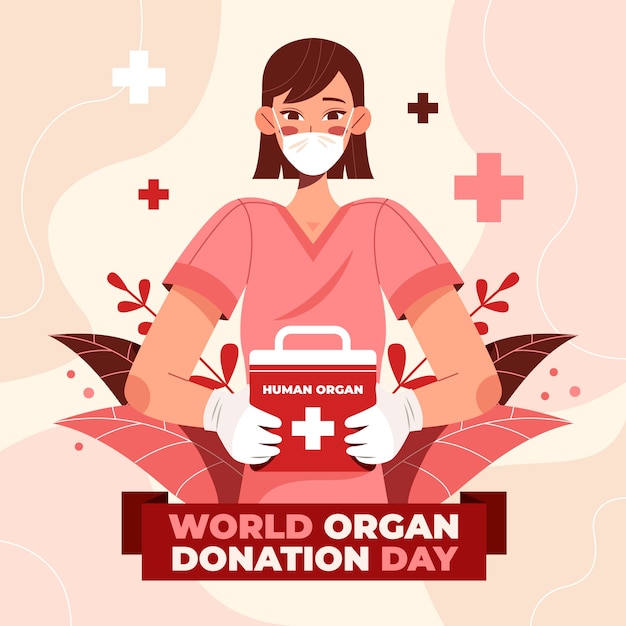 Flat world organ donation day illustration with medic and organs container