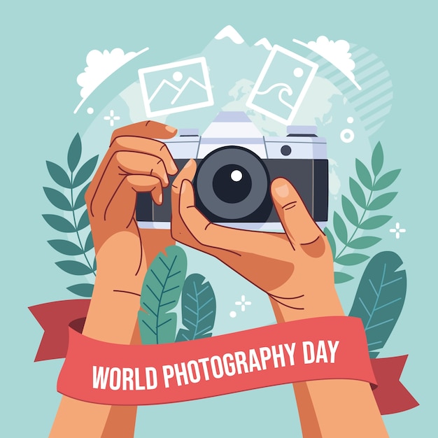 ベクトル フラットな世界の写真撮影の日のイラスト