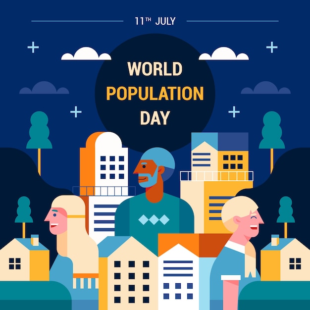 Flat world population day illustration with people and buildings