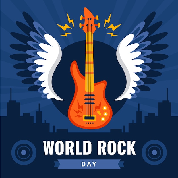 Vector flat world rock day illustration with guitar and wings