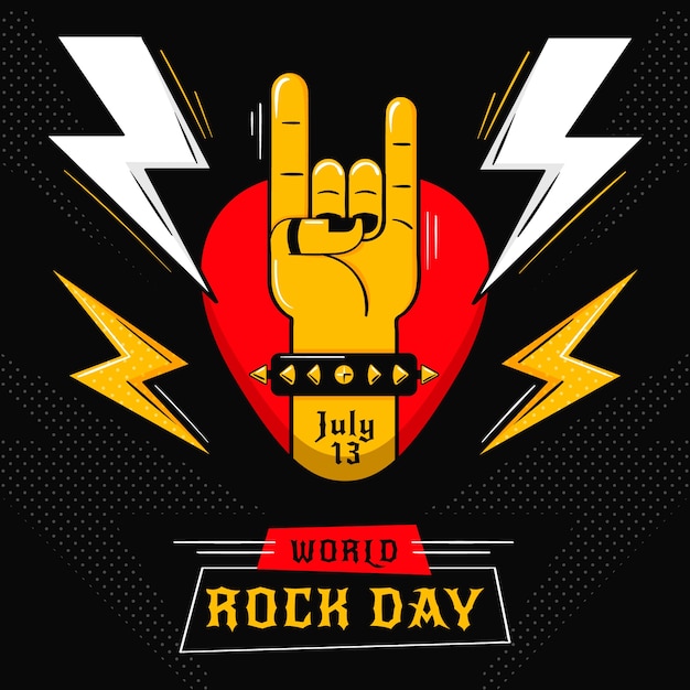 Illustrazione della giornata mondiale della roccia piatta con la mano che mostra il segno della roccia e i fulmini