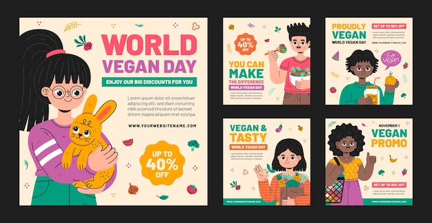 Collezione di post instagram per la giornata mondiale vegana piatta