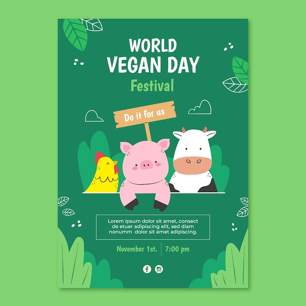 Flat world vegan day poster template