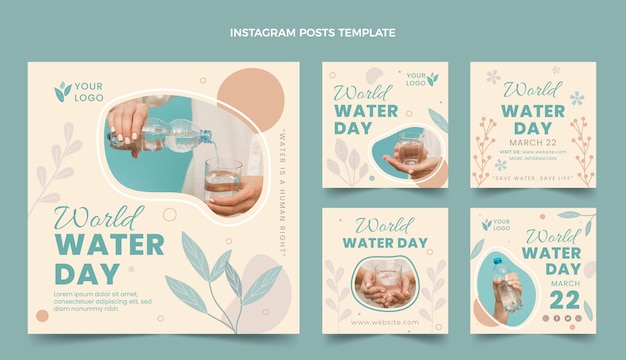 Vettore collezione di post instagram per la giornata mondiale dell'acqua piatta