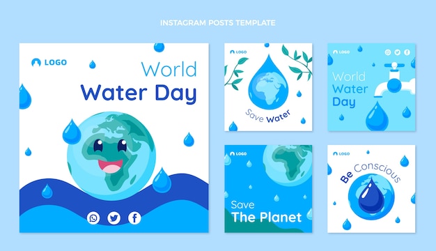 벡터 평평한 세계 물의 날 인스타그램 게시물 모음