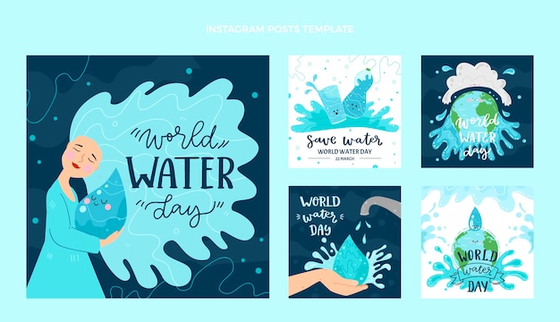 Vector flat world water day instagram posts collection