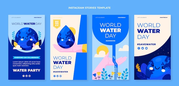 Vettore collezione di storie di instagram per la giornata mondiale dell'acqua piatta