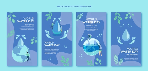 Vettore collezione di storie di instagram per la giornata mondiale dell'acqua piatta