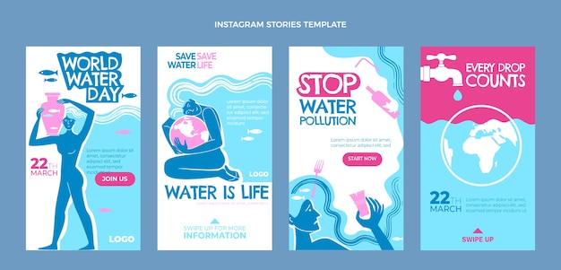 Vettore collezione di storie di instagram per la giornata mondiale dell'acqua piatta