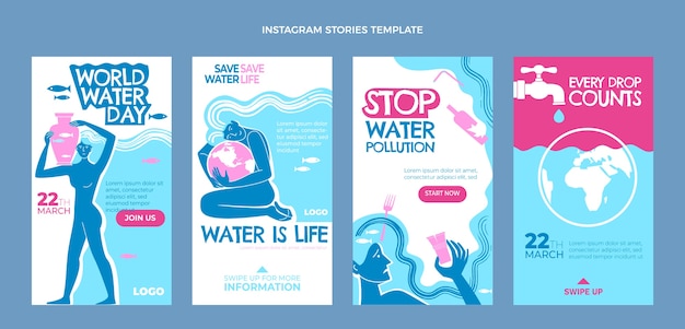 Vector flat world water day instagram stories collection