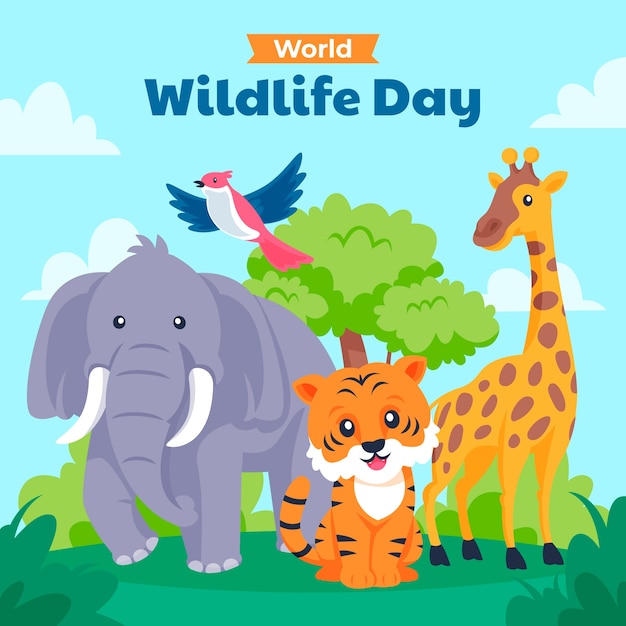 Vector flat world wildlife day illustration with animals