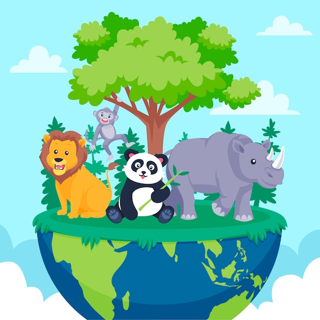 Vector flat world wildlife day illustration with animals