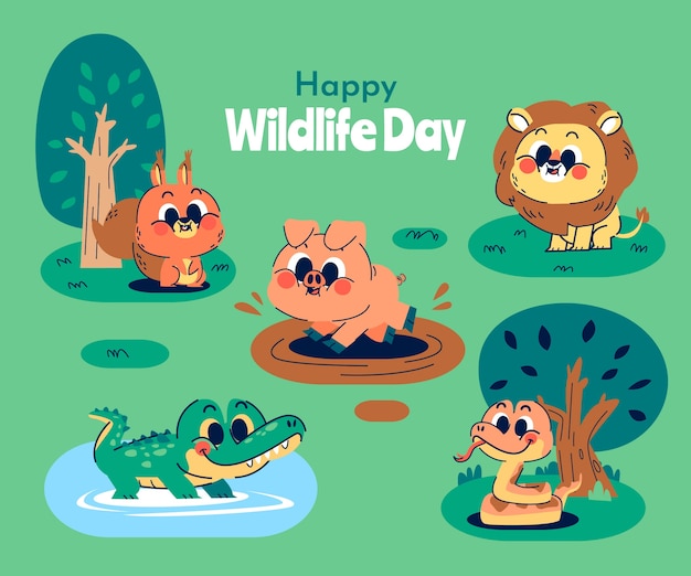 Flat world wildlife day illustration with animals