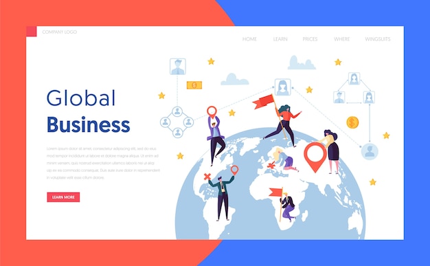 Плоский всемирный бизнесмен концепции целевой страницы. Earth Globe Design Глобальный корпоративный бизнесмен нашел партнерство на веб-сайте или веб-странице World Globe. Плоский мультфильм векторные иллюстрации