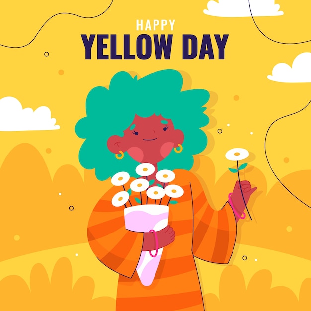 Vector flat yellow day illustration with woman holding flowers