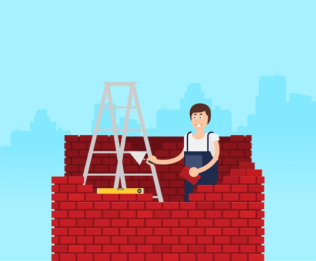 Flat young man bricks stacker with equipment makes wall