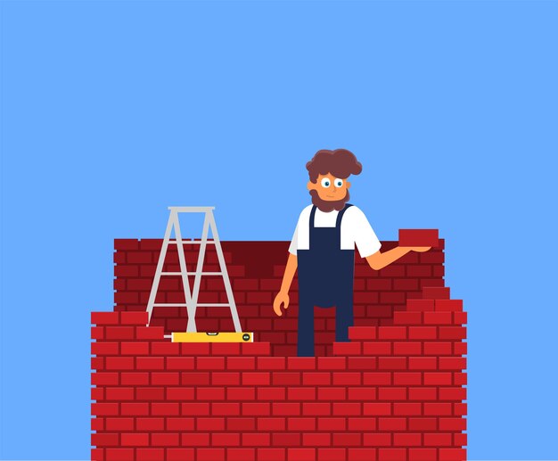 Vector flat young man bricks stacker with equipment makes wall