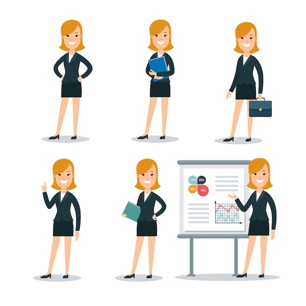 Flat young smiley businesswoman standing or making report