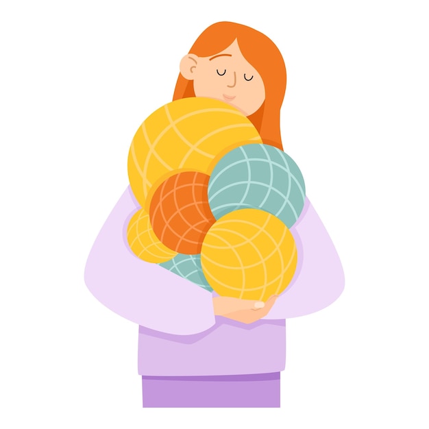 Vector flat young woman with red hair holding balls of yarn