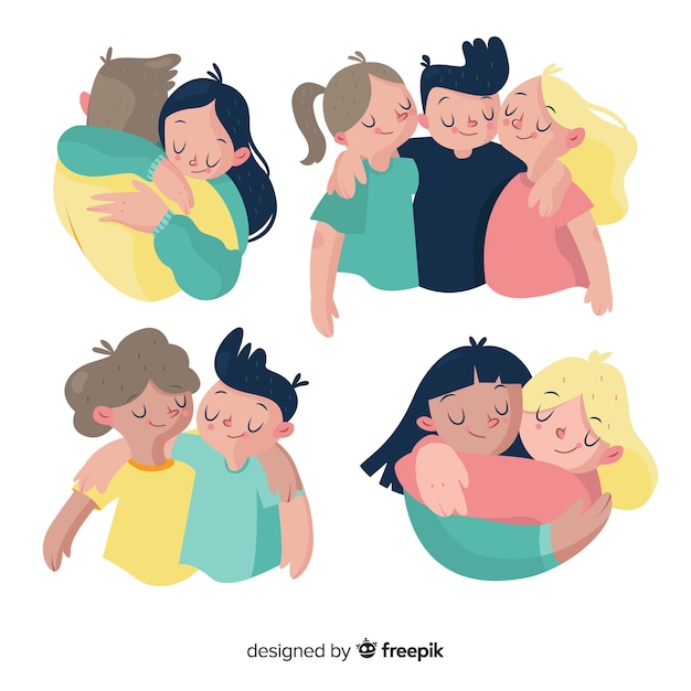 Flat youth people hugging together 