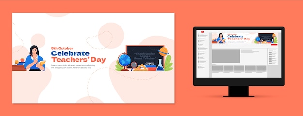 세계 교사 날 축하를 위한 평평한 유튜브 채널 아트
