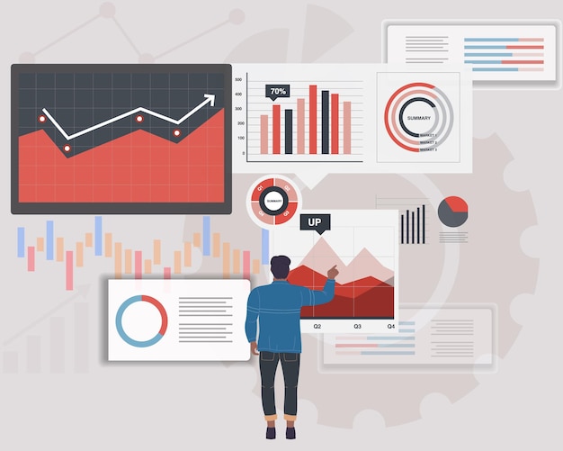 Flat zakenmensen voert analyse en monitoring investeringen en financiën verslag grafiek op monitor