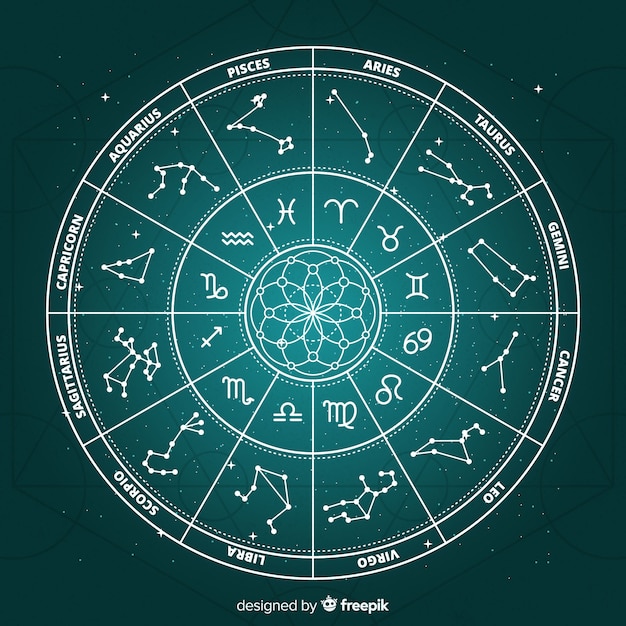 Vector flat zodiac wheel on galaxy background