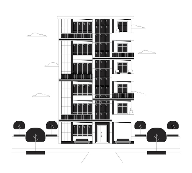 Vector flats apartment multistory black and white cartoon flat illustration