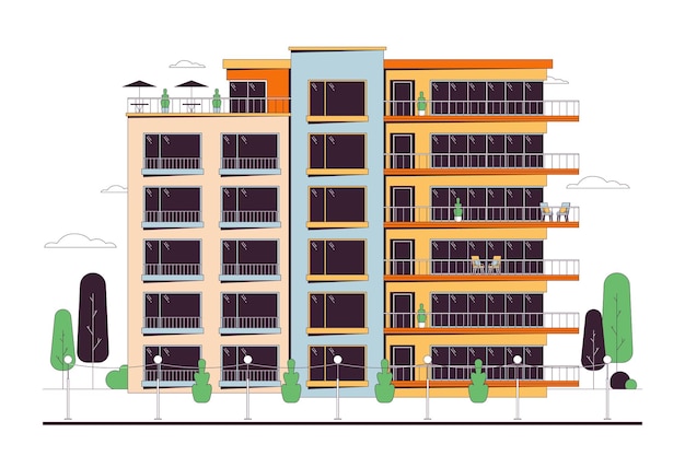 Appartamenti con condominio con balconi illustrazione a piatto di cartoni animati