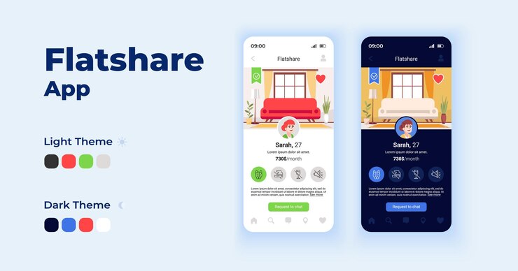 Vector flatshare app cartoon smartphone interface templates set