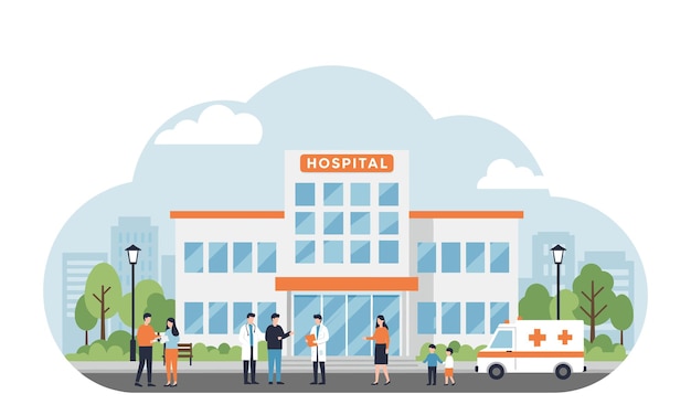 Flatstyle illustratie van een modern ziekenhuisgebouw met artsen, patiënten en een ambulance