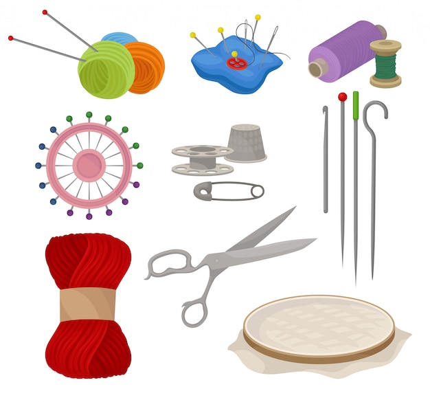 Vector flatvector set of tools and materials for sewing and knitting.