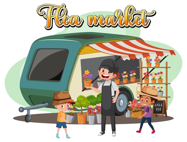 Vector flea market concept with cartoon character