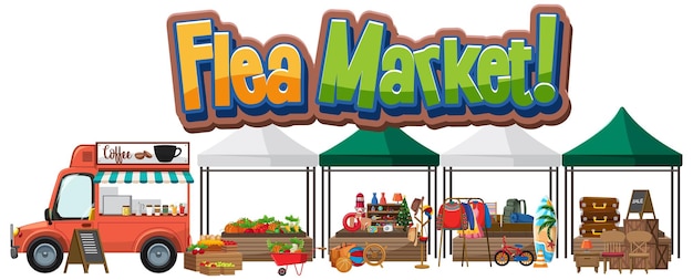 Vector flea market concept with many tent shops